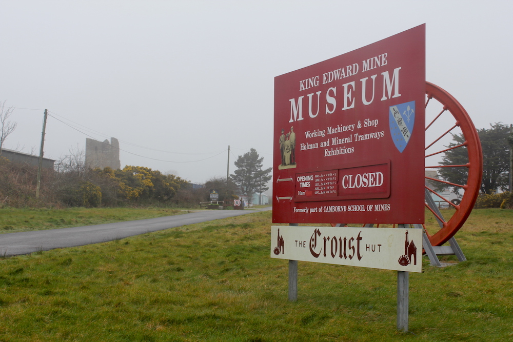 Entrance to King Edward Mine Museum, Cornwall, with large sign on the right