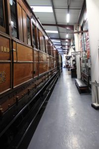 Interior of Museum of Rail Travel, Keighley, showing the side of a rail carriage