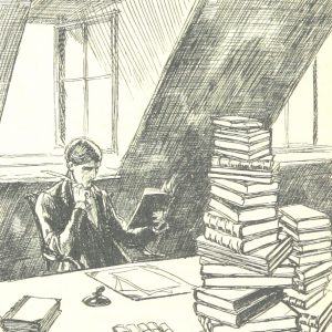 Illustration of a man sitting in an attic room at a desk. The desk is piled high with books and he is reading one of them. A window is open behind him.