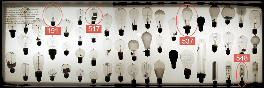 A display case of numerous old light bulbs with four circled and highlighted in red.