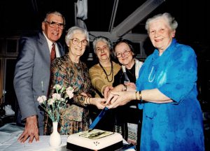 Founders of Nidderdale Museum in 1999, celebrating the twenty-fifth anniversary of the museums' opening. Geoffrey Townley, Muriel Swires, Eileen Burgess, Elsy Moss, Mary Barley