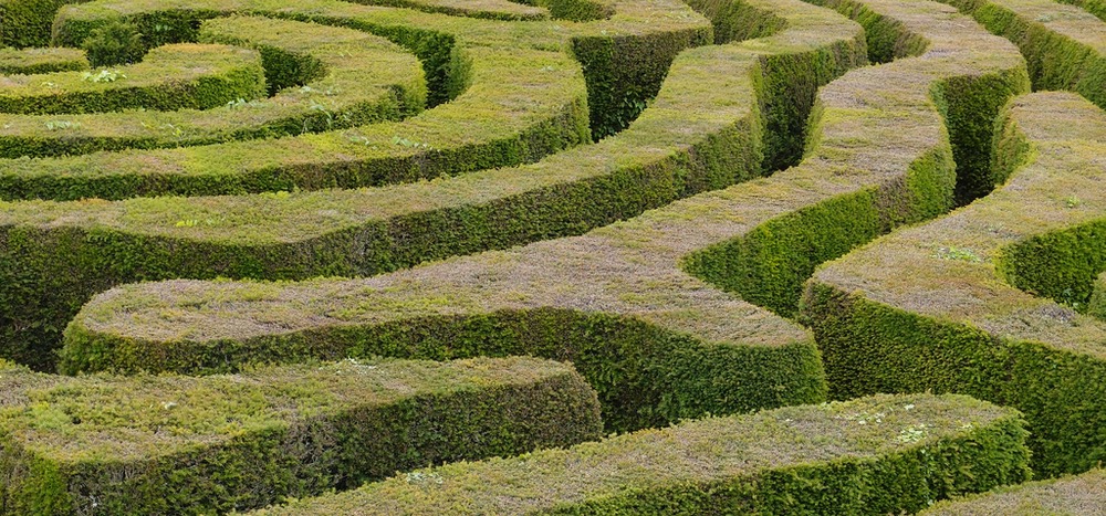 Looking down into a circular maze made of tall green hedges. The centre of the maze can be seen at the upper left.
