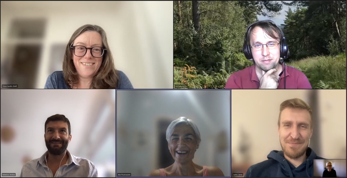 The Mapping Museums Team in a Microsoft Teams meeting. Clockwise from top left: Fiona Candlin, Val Katerinchuk, Jamie Larkin, Mark Liebenrood (inset), Alexandra Poulovassilis, Andrea Ballatore.