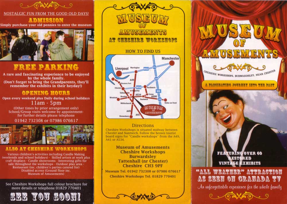 Brightly coloured brochure owith vintage clown puppet, map, and images of people in the arcade